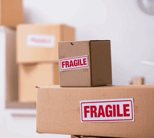Stacks of boxes labelled fragile